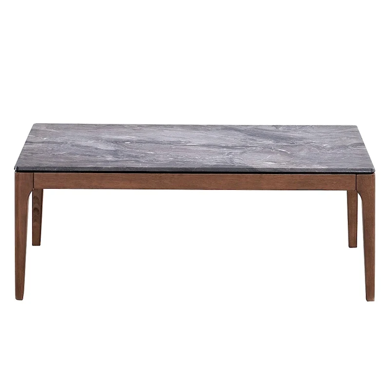 Coffee Table, Rectangular 47 Inch Gray Engineered Stone Top, Walnut Brown Wood Base