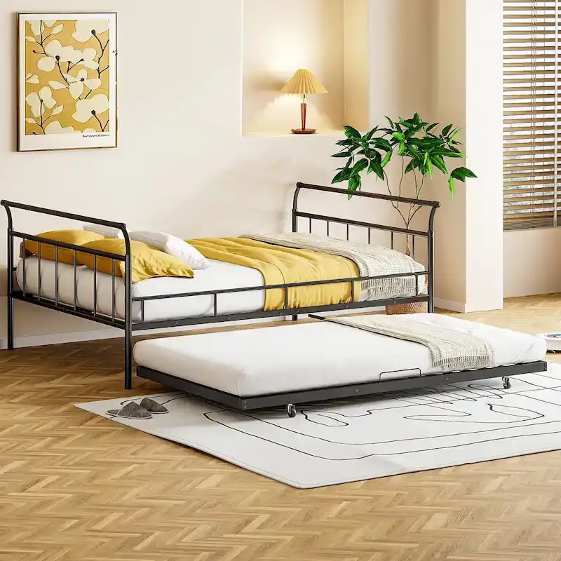 Metal Daybed with House-Shaped Headboard & Twin Size Trundle – Kids Bedroom Bed Frame