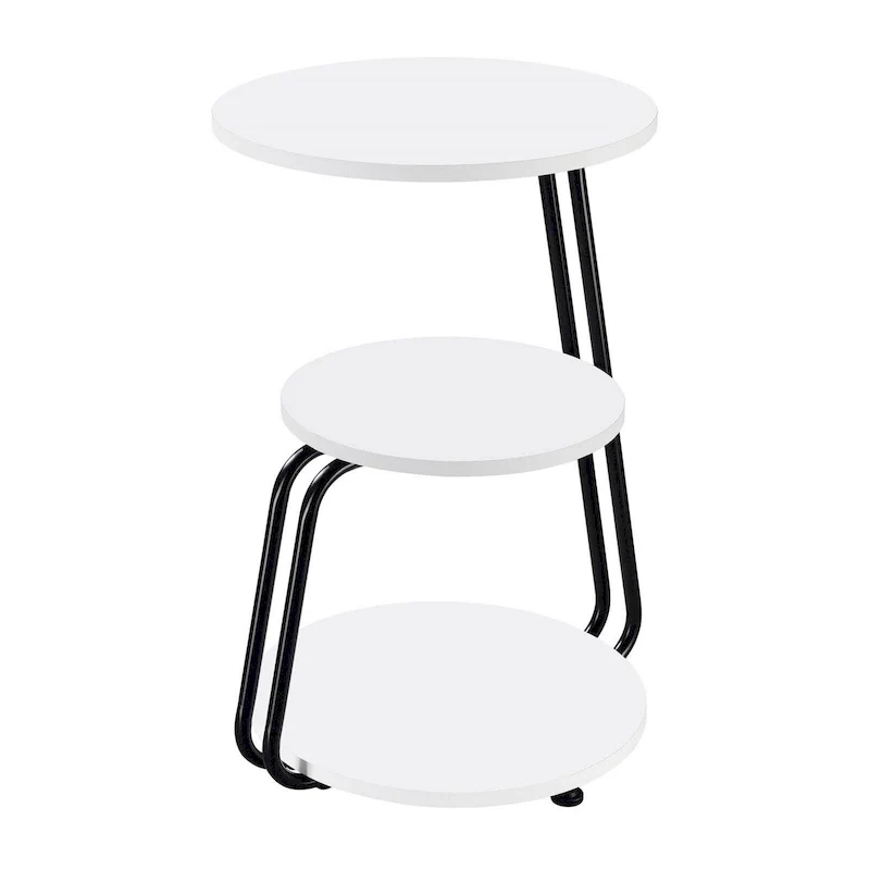 White & Black 3-Tier Side End Table, Wood Top, Black Metal Frame