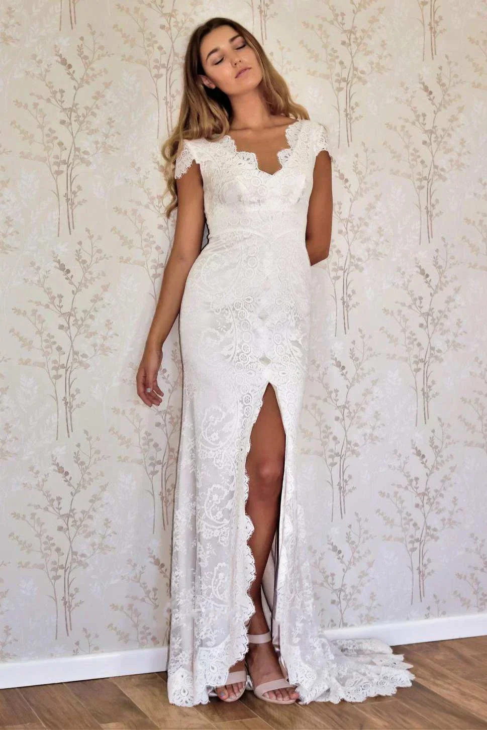 Cap Sleeve Satin Lace Split Mermaid Wedding Dress