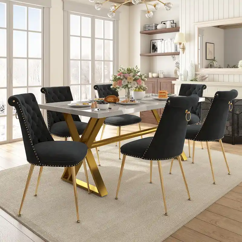 7-Piece Clihome Marble Dining Table with Velvet Chair Dining Chair