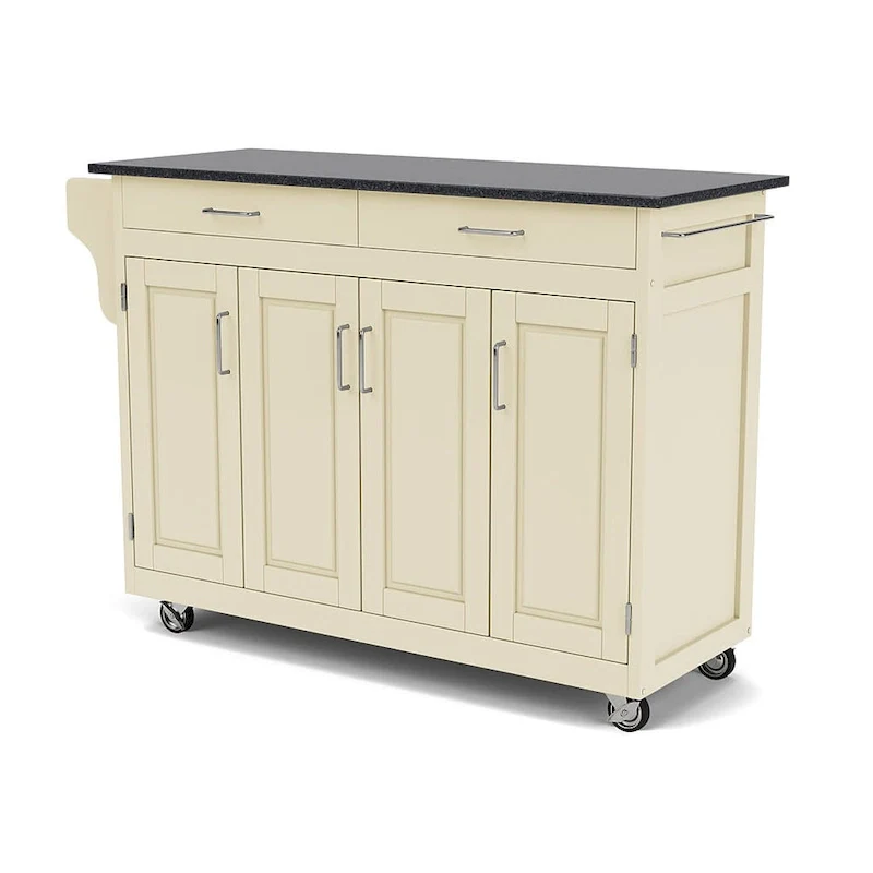 White Mobile Kitchen Cart with Black Granite Top, 1-Person Assembly