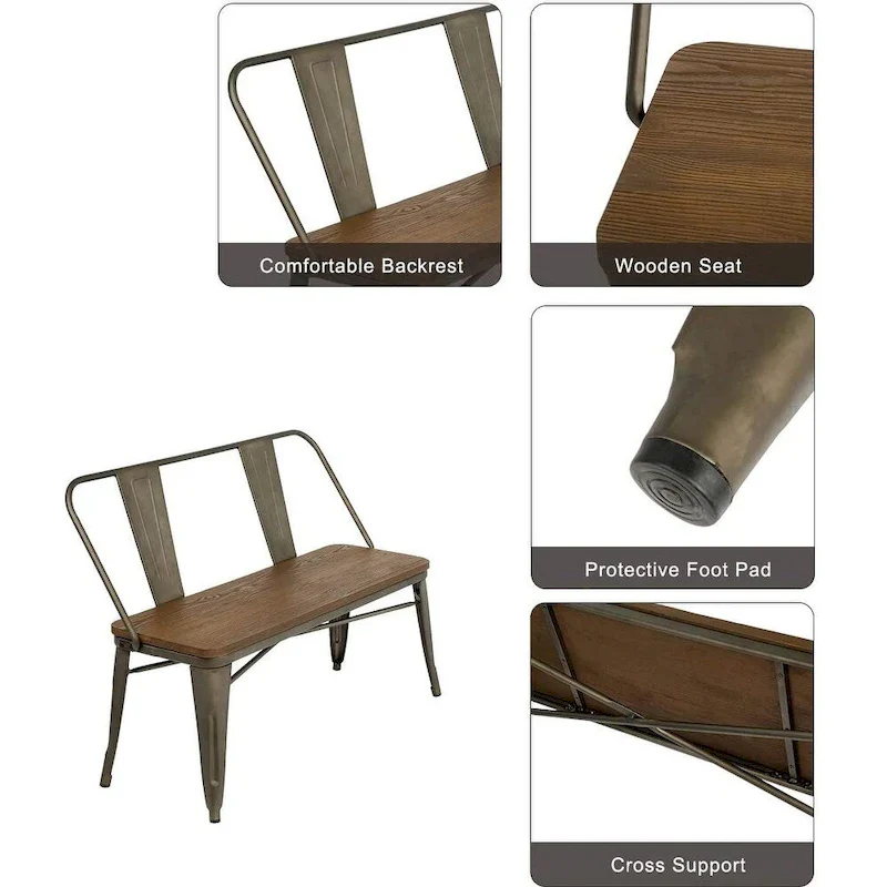 Dining Bench, Entryway Bench with Back, Farmhouse Metal Dining Bench, Industrial Mid-Century 3 Person Bench, Wood Seat