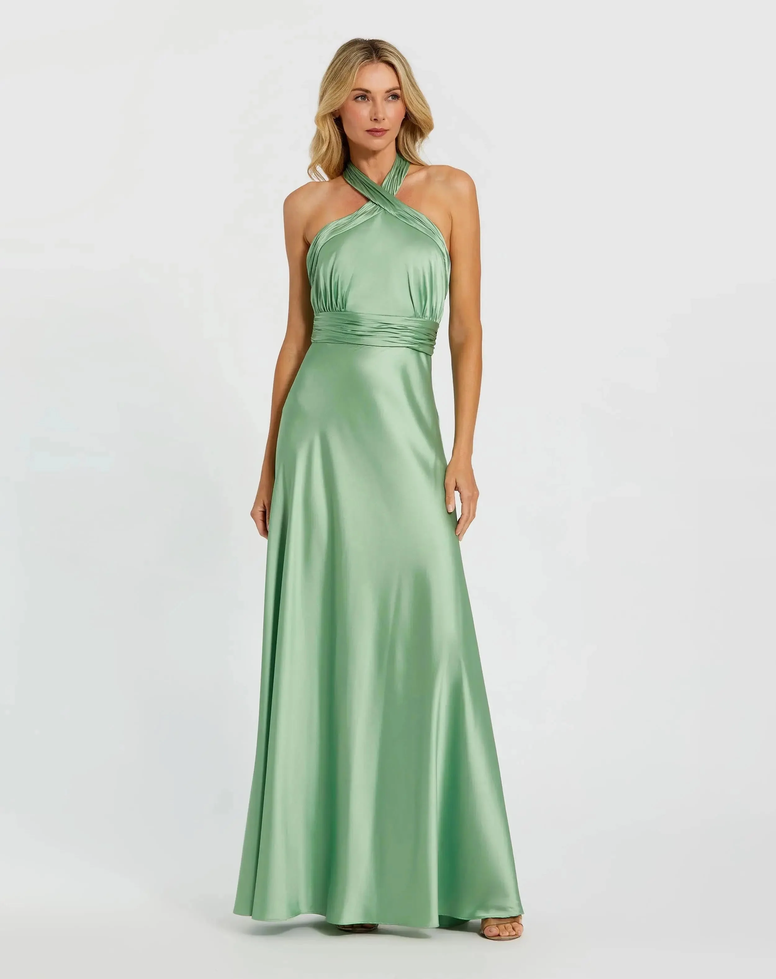 Green Ruched Halter Neck Tie Back Satin Gown