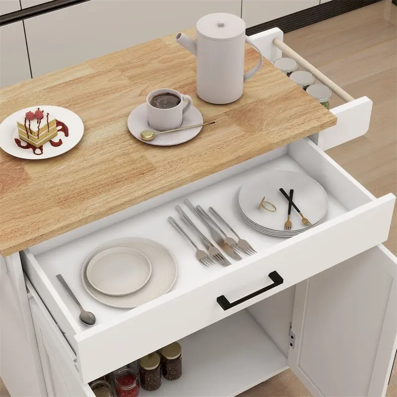 Kitchen Island Rolling Trolley Cart w/Adjustable Shelves,Wood Tabletop