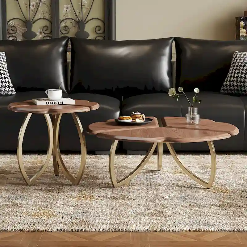 Round Walnut Veneer Nesting Coffee Table Set, 2 Pieces