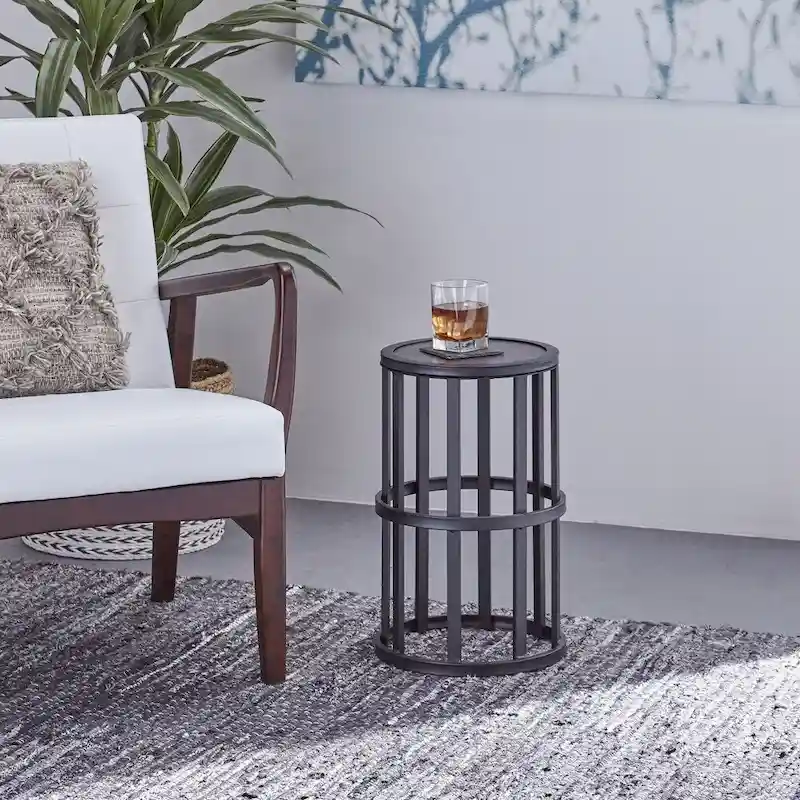 Round Ceramic Tile Top Side Table with Iron Pedestal Base – Grey / Black, Industrial Style