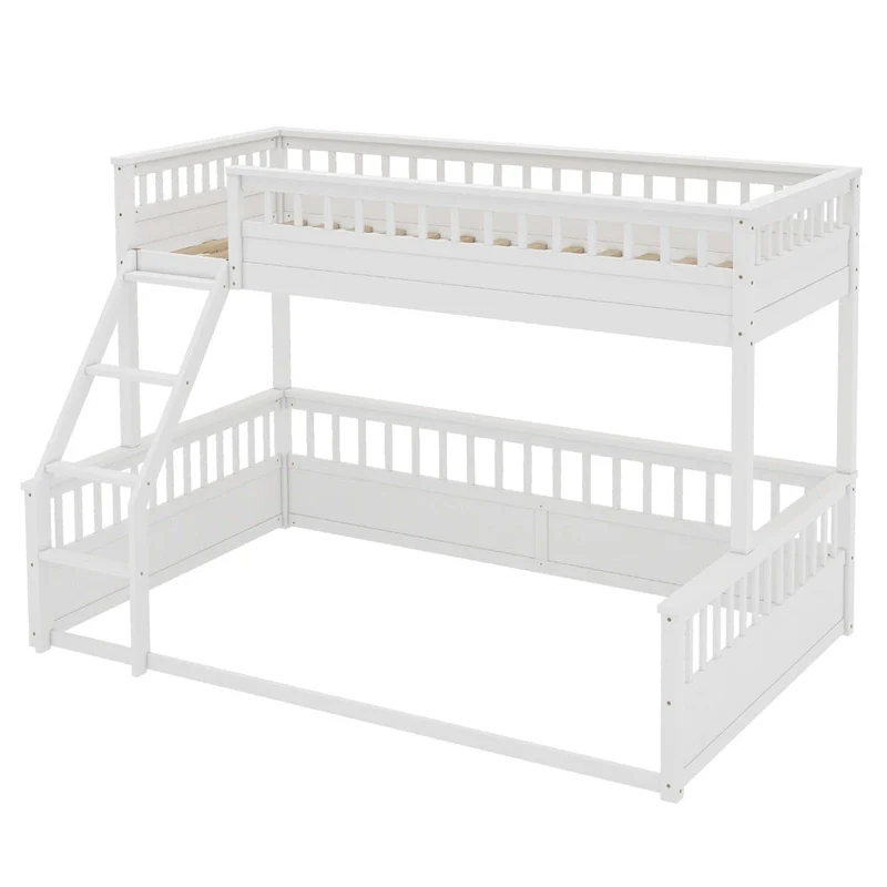 Twin XL over Queen Bunk Bed with Ladder and Guardrails, White