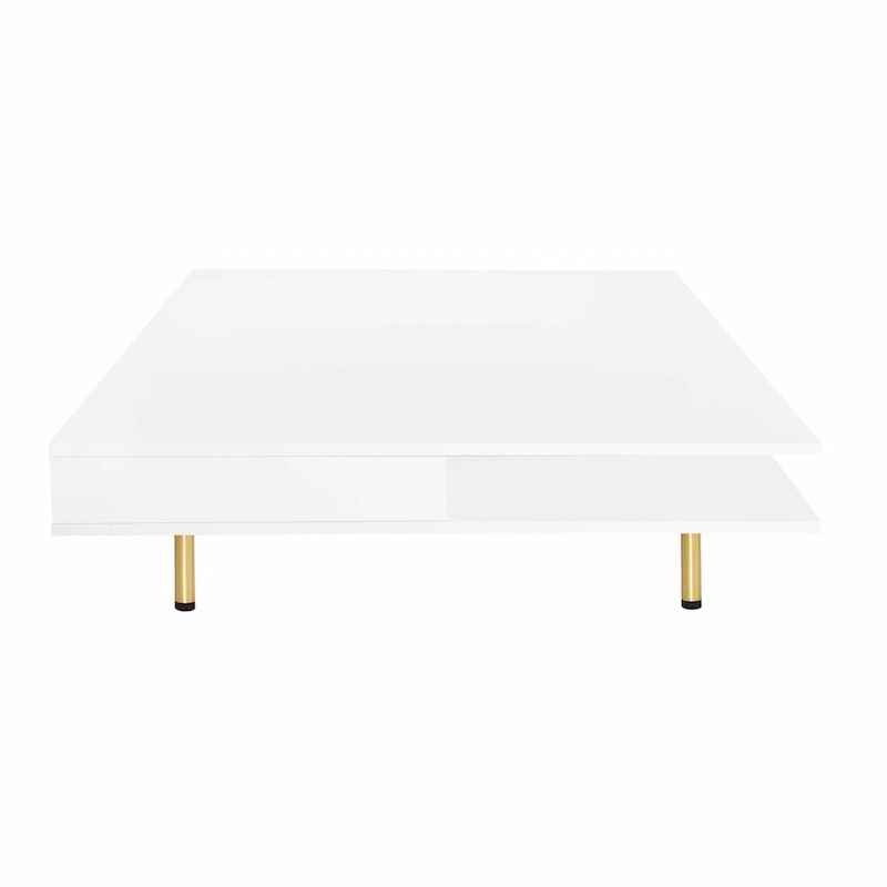 High Gloss Coffee Table: 4 Golden Legs, 2 Drawers, 2-Tier Square Design