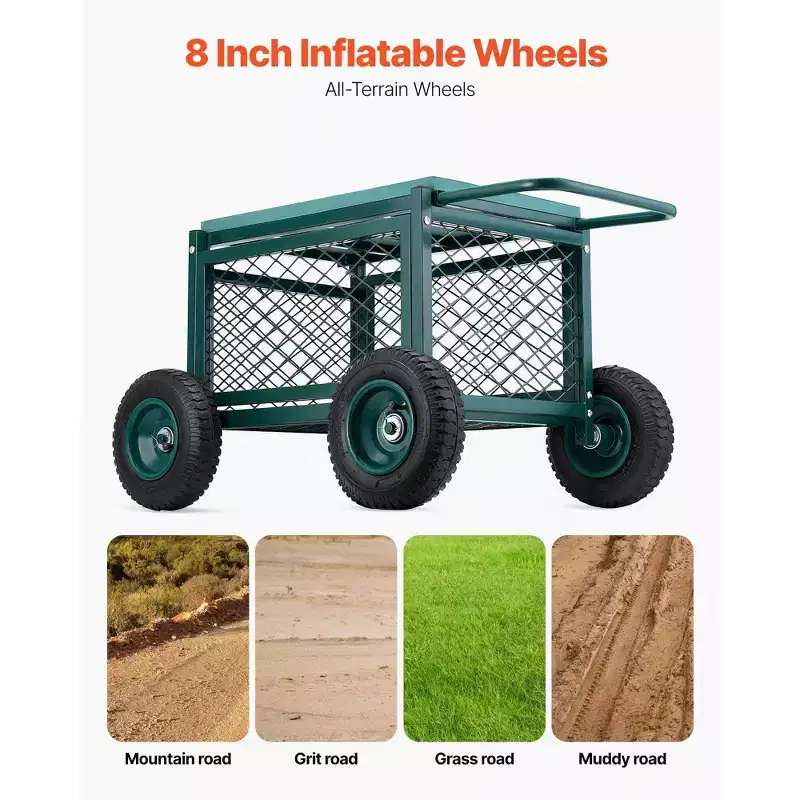 Heavy-Duty Rolling Garden Cart with Seat 400 lbs Metal Stool Storage 8 in Wheels Green