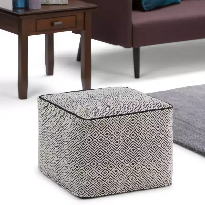 WyndenHall Dougan Square Moroccan Inspired Pouf Black/Natural Cotton: Upholstered, No Assembly, Spot Clean