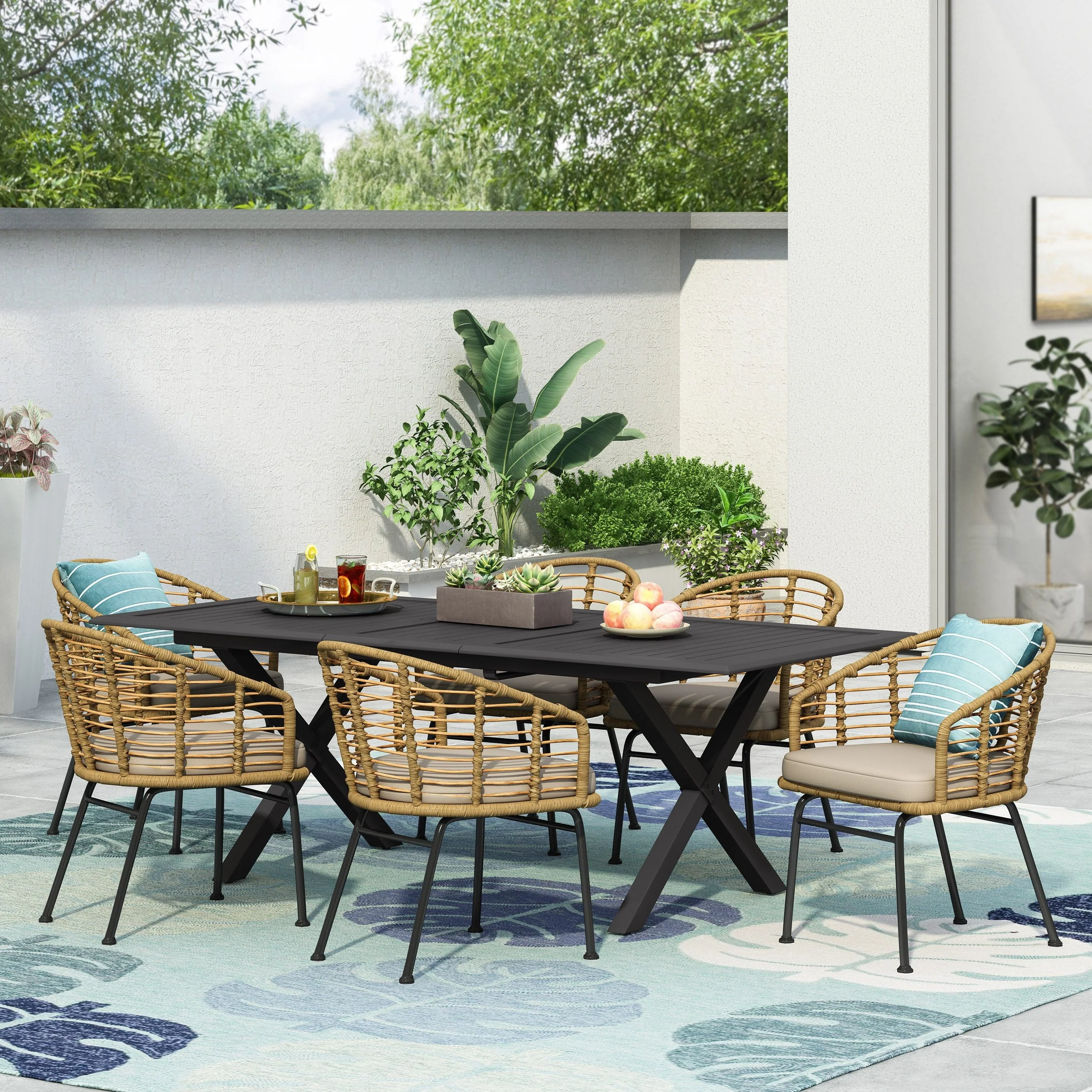 Outdoor Wicker 7 Piece Dining Set, Light Brown, Matte Black, and Beige - NH000513