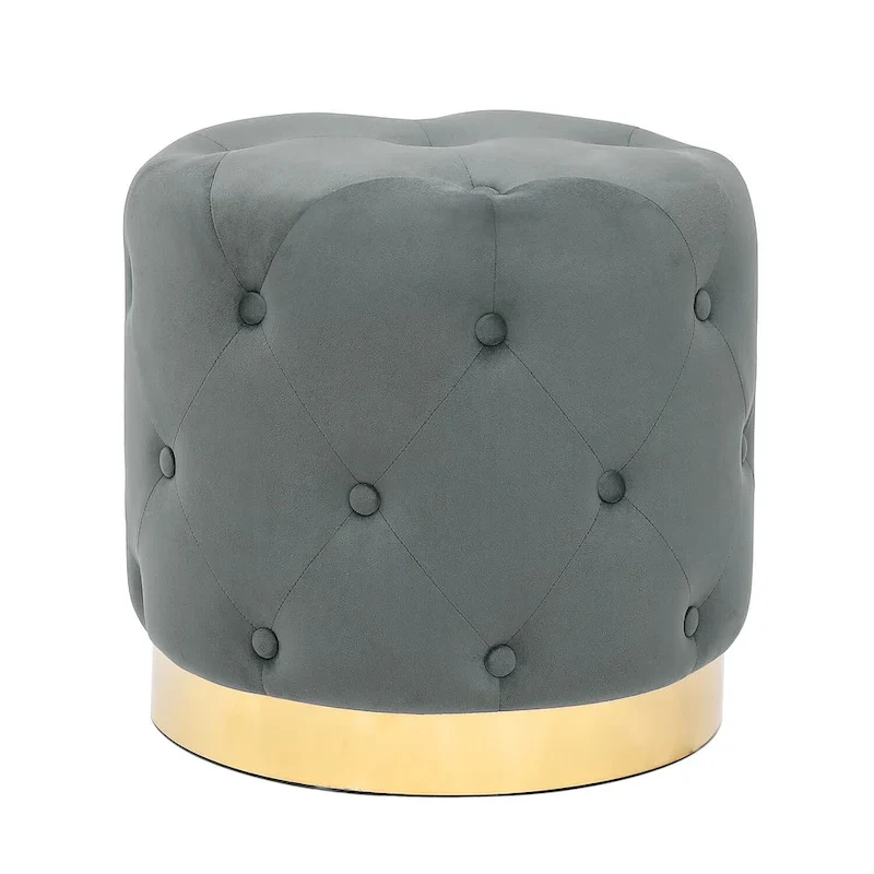 Adeco Round Velvet Ottoman Vanity Footrest Stool Gold Plating Base