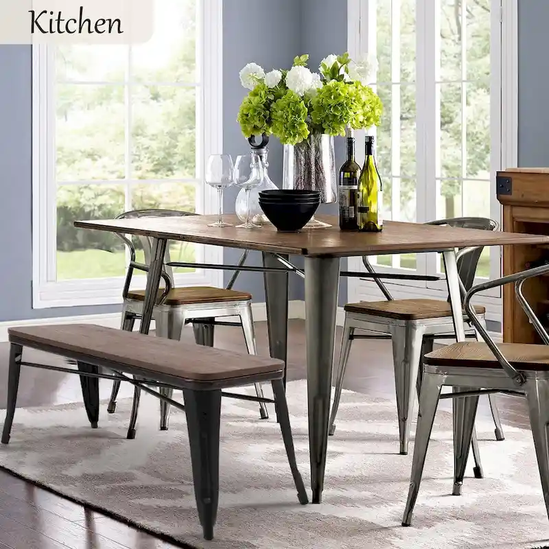 Dining Bench, Entryway Bench with Back, Farmhouse Metal Dining Bench, Industrial Mid-Century 3 Person Bench, Wood Seat