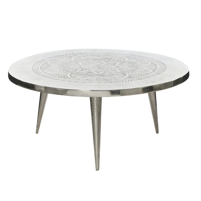 Aluminum coffee table with floral carvings, tripod legs - silver - 35cm wide x 35cm long x 16cm high