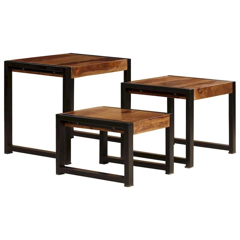 vidaXL Nesting Tables Set of 3, Sheesham Wood, Black Steel Frames