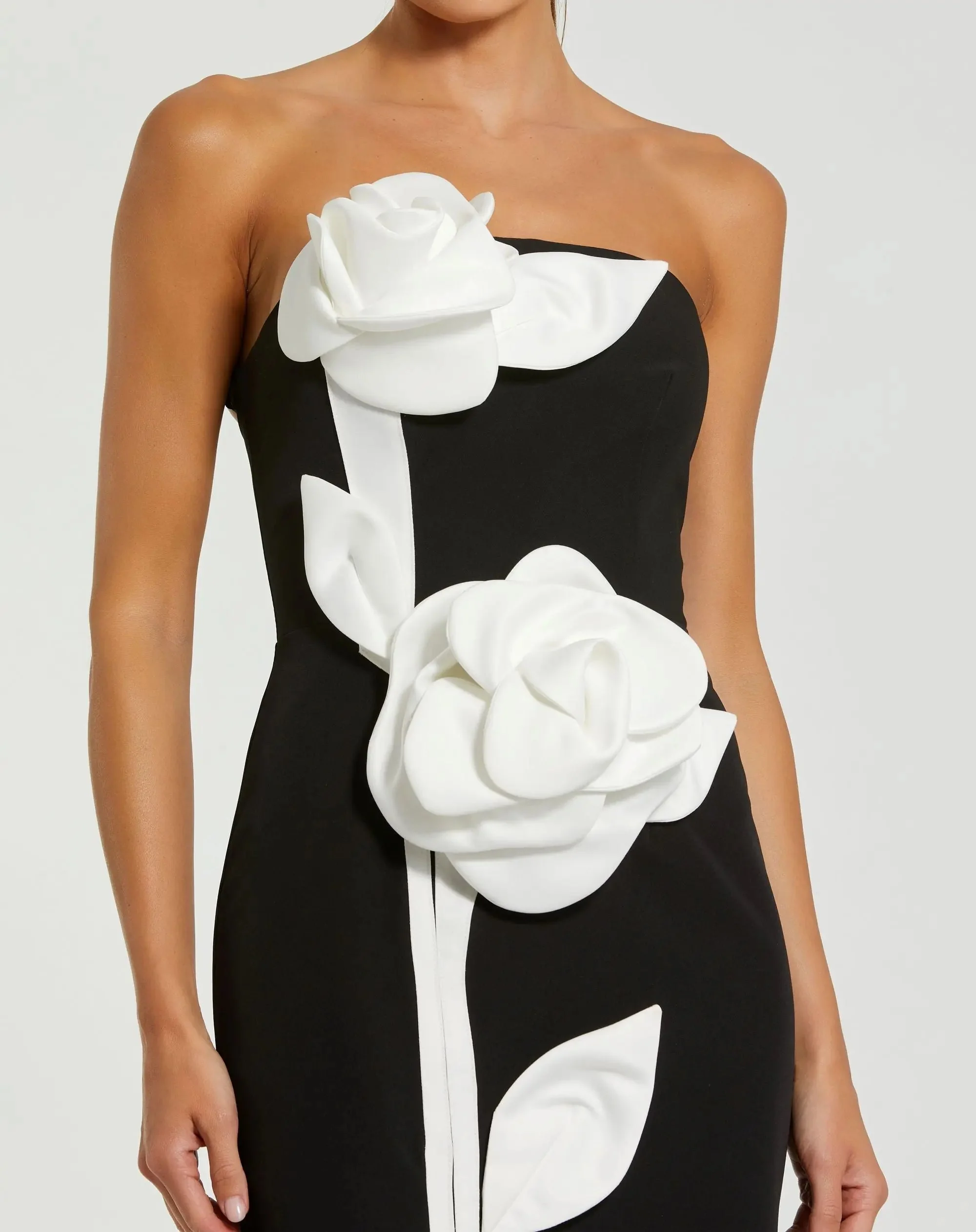 Black Strapless Crepe Dress With 3D Satin Flowers