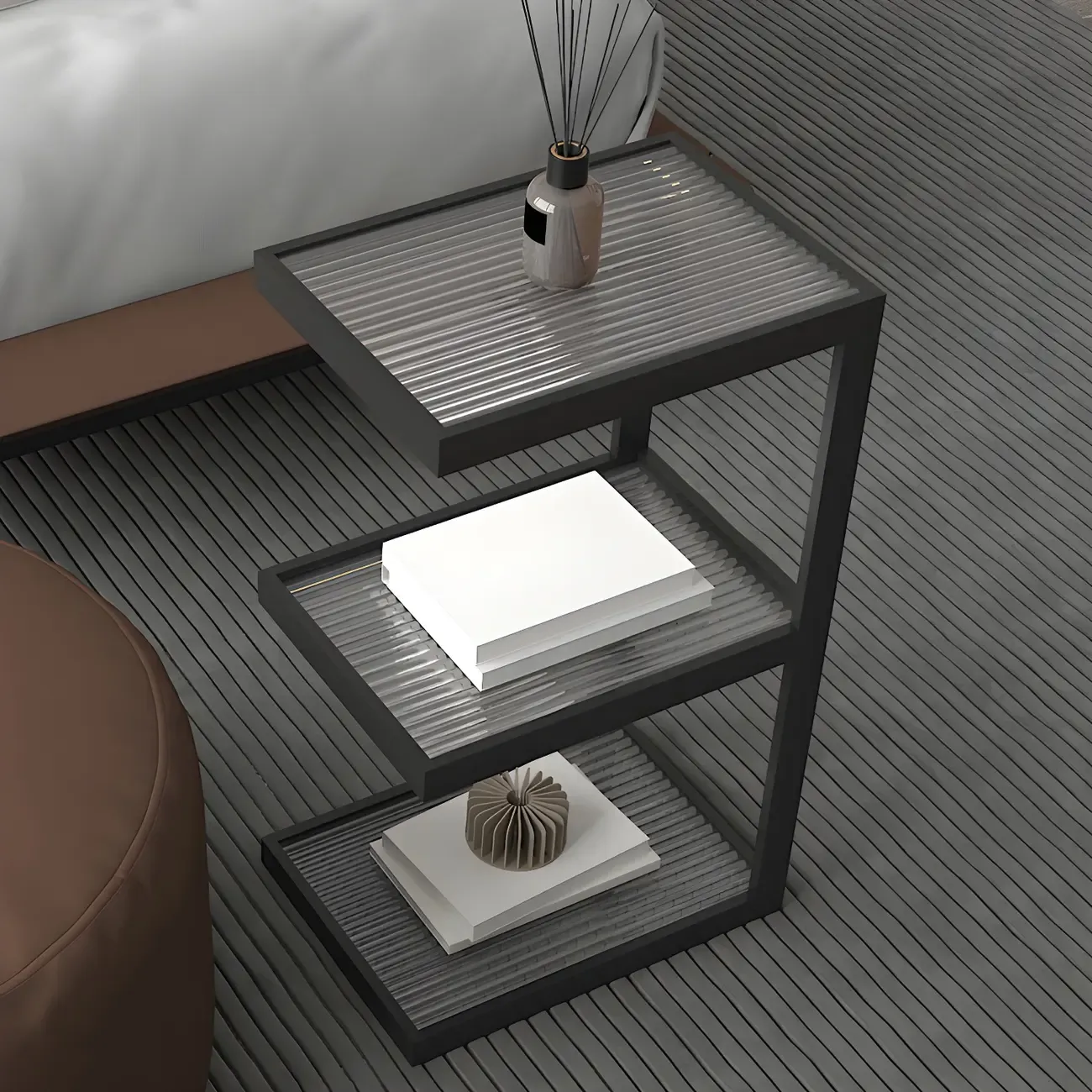 Extra Tall Simple Glass Top and Steel 3 Shelves Nightstand