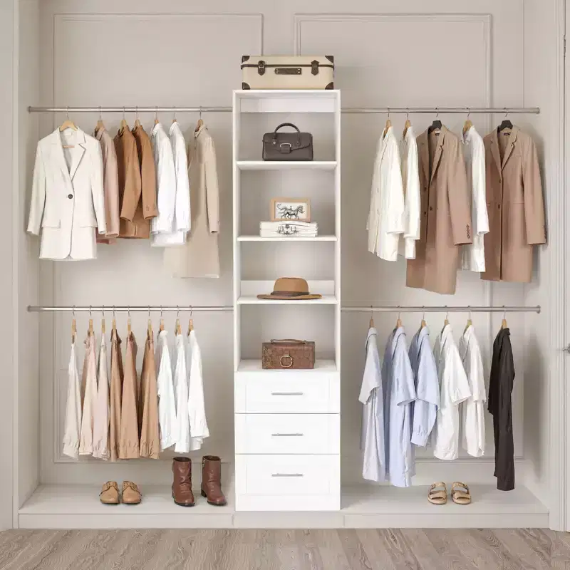 VEVOR Closet System with 3 Drawers, Adjustable Height Wooden Closet Organizers, Modern Walk-in Wardrobe Organization, White