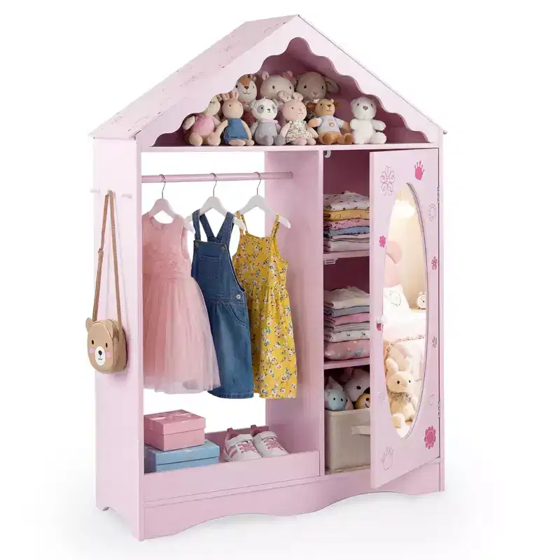 Costway Kids Dress Up Storage w/ Mirror Roofed Wardrobe Closet w/ Open Hanging Rack