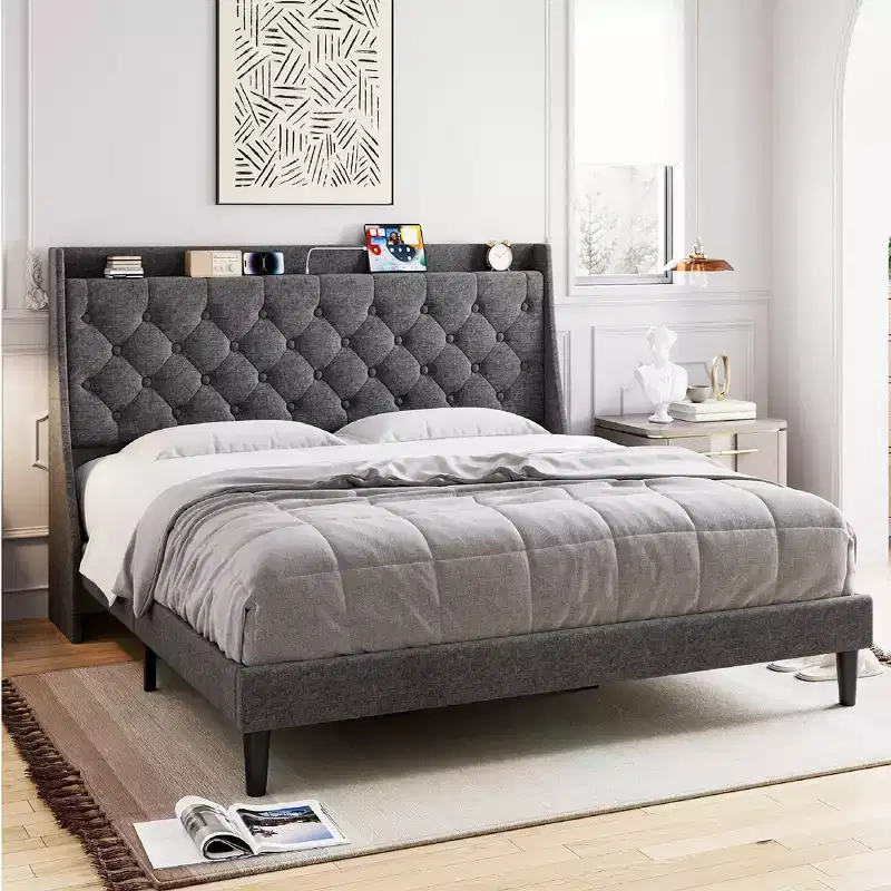 Garvee King Size Bed Frame with Charging Ports & Storage Shelf, Upholstered Platform Bed with Wingback Headboard, No Box Spring Needed, Gray