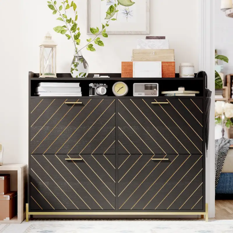 Black 4-Flip-Door Shoe Cabinet – Rustic Herringbone, Entryway Storage