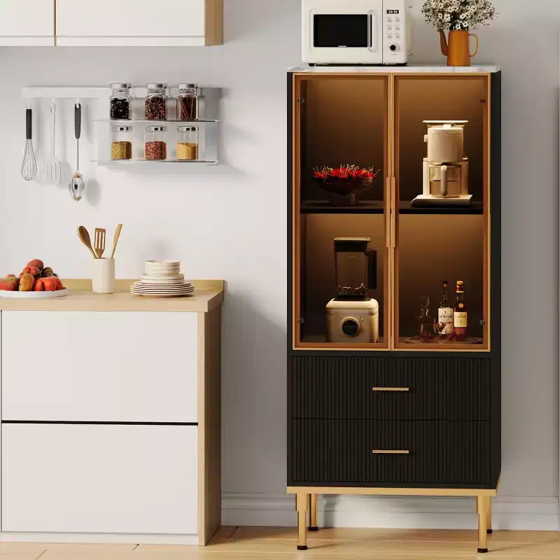 Fluted Storage Cabinet - Glass Door & 2 Drawers, Adjustable Shelves for Living Room, Office & Kitchen
