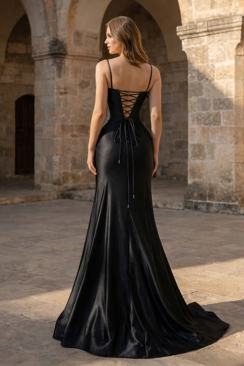 Plunge Neck Black Satin Mermaid Long Prom Dress