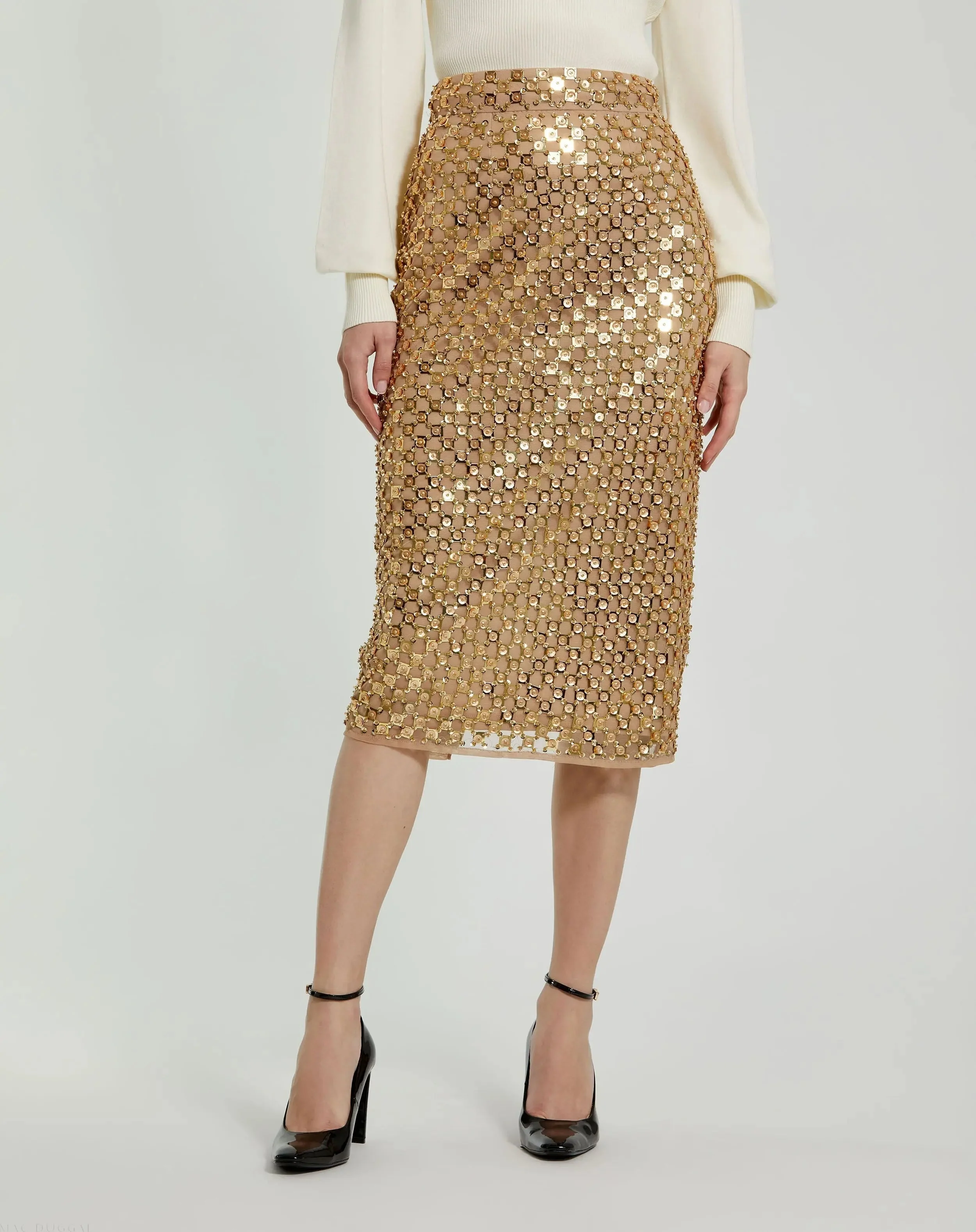 Gold Georgette Embellished Fitted Midi Pencil Skirt