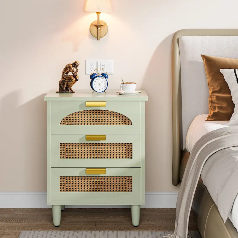 Green / Black 3-Drawer Nightstand with Rattan Accents, 1-2 Person