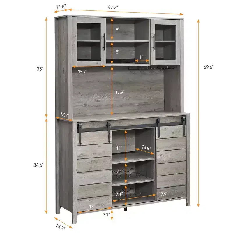 70 Farmhouse Coffee Bar Wine Cabinet with Sliding Barn Doors and Storage, Tall Kitchen Hutch with Wine & Glasses Rack, Pantry Cabinet for Dining Room