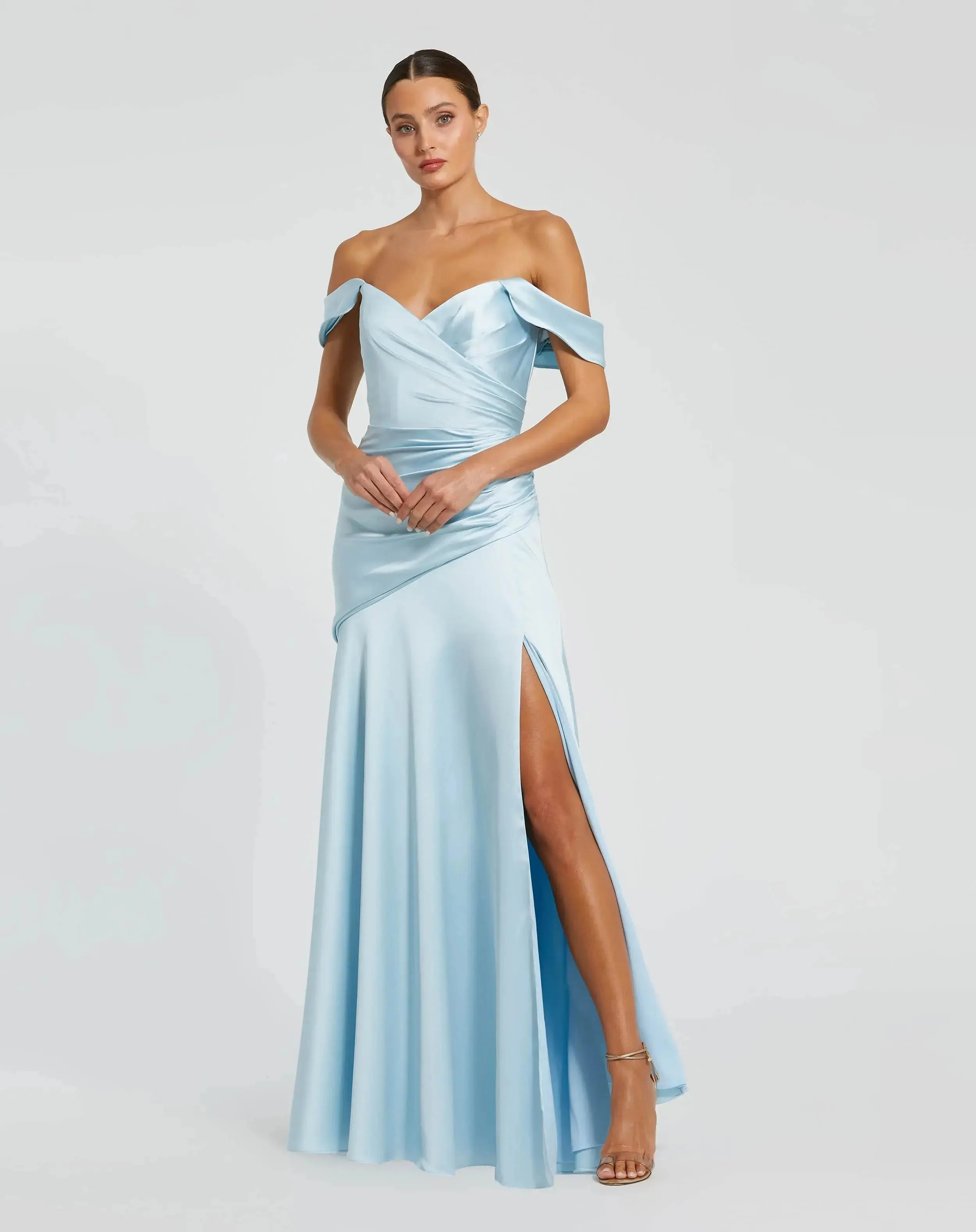 Satin Off The Shoulder Crossover Gown