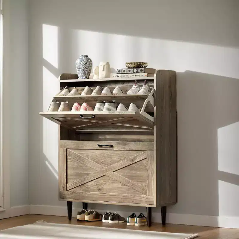Karl Home 2 Flip 1 Barrier Barn Door Shoe Cabinet Melamine Embossed 31.6In Gray Oak
