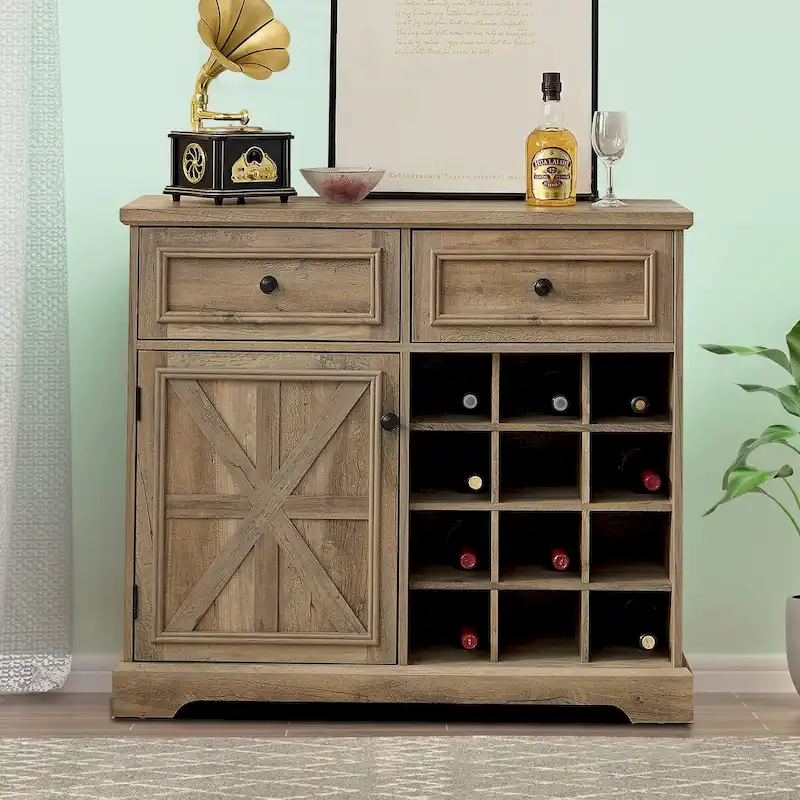 Gray Wash / Espresso Farmhouse Wooden Sideboard with Wine Racks – 1-Person Assembly