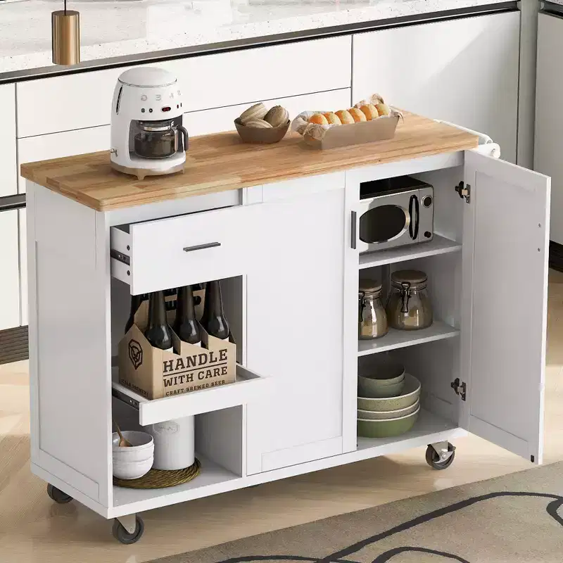 MAYEERTY Kitchen Island with Foldable Counter Top Kitchen Storage Cart with Slide Out Shelf Towel Rack And Drawer Rolling Kitchen Cart on Wheels White