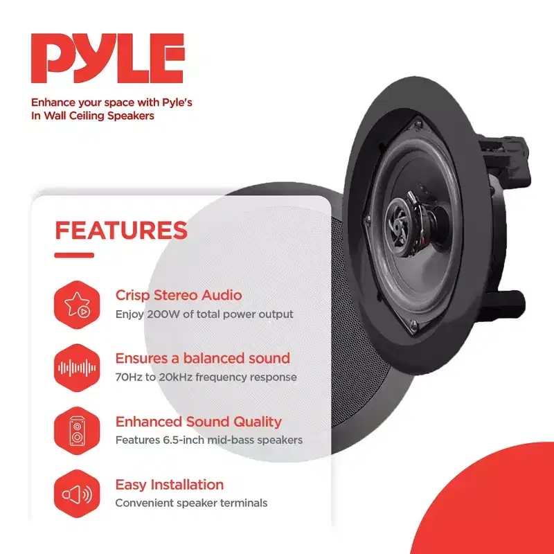 Pyle In Wall and In Ceiling Dual 6.5 inch Speaker System with Flush Mount, for Stereo Sound in Living Room, Basement, or Office, Black, 2 Pack