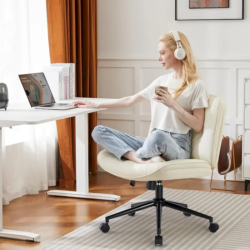 Khaki / Beige / Black PU Leather Armless Desk Chair with Wheels, 360° Swivel, Single Seat
