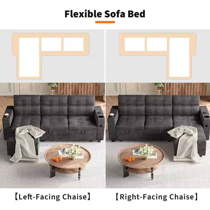 84 Sectional Sleeper Sofa with Storage Chaise & USB, Convertible L-Shaped Corduroy Couch for Living Room or Apartment, Dark Grey