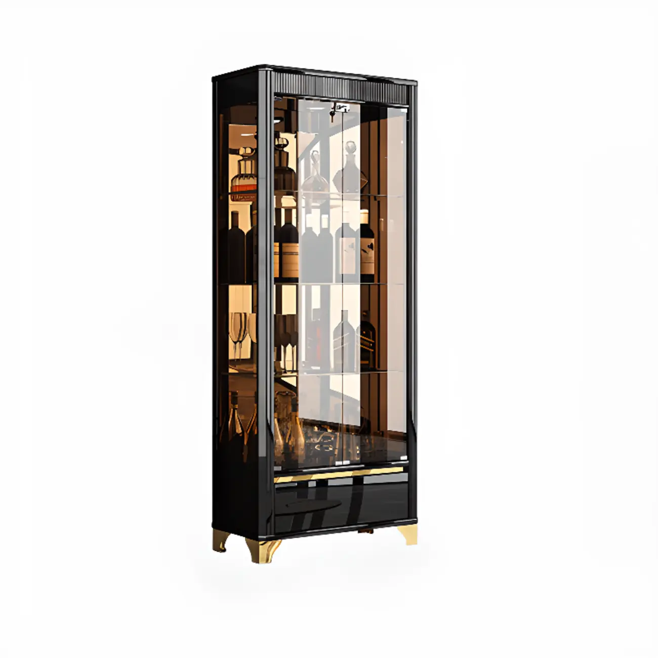Elegant Black Clear Glass Display Cabinet with Drawers