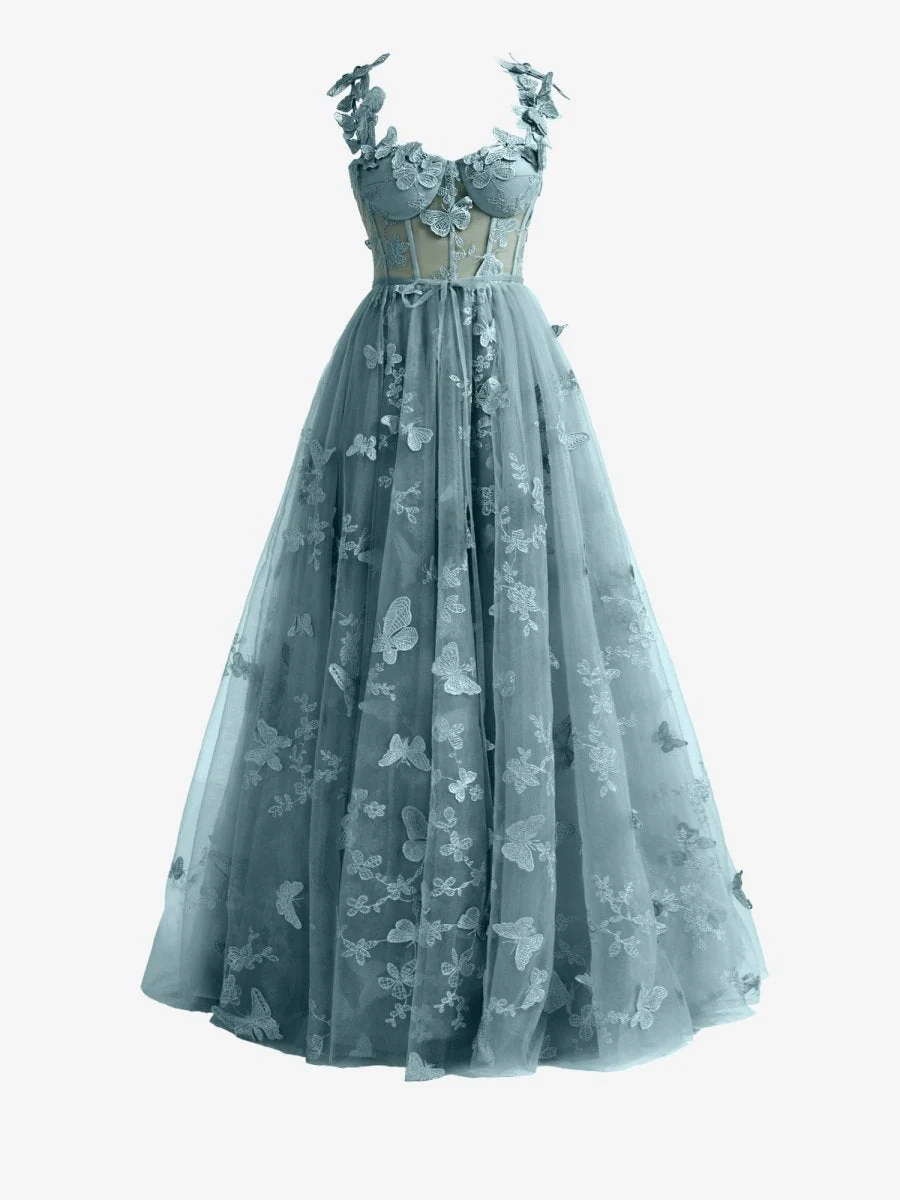 Dusty Blue A-line Butterfly Lace Lilac Corset Prom Dress with Slit