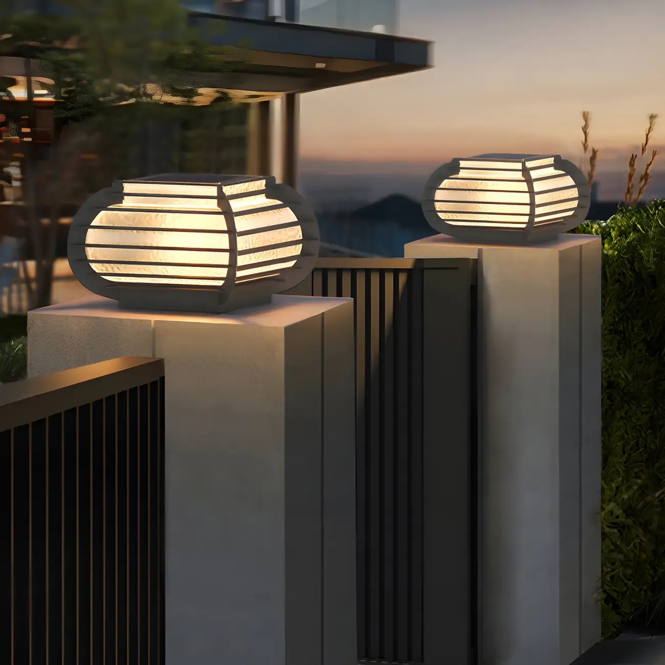 Black Ribbed Metal Warm Light Outdoor Post Lights