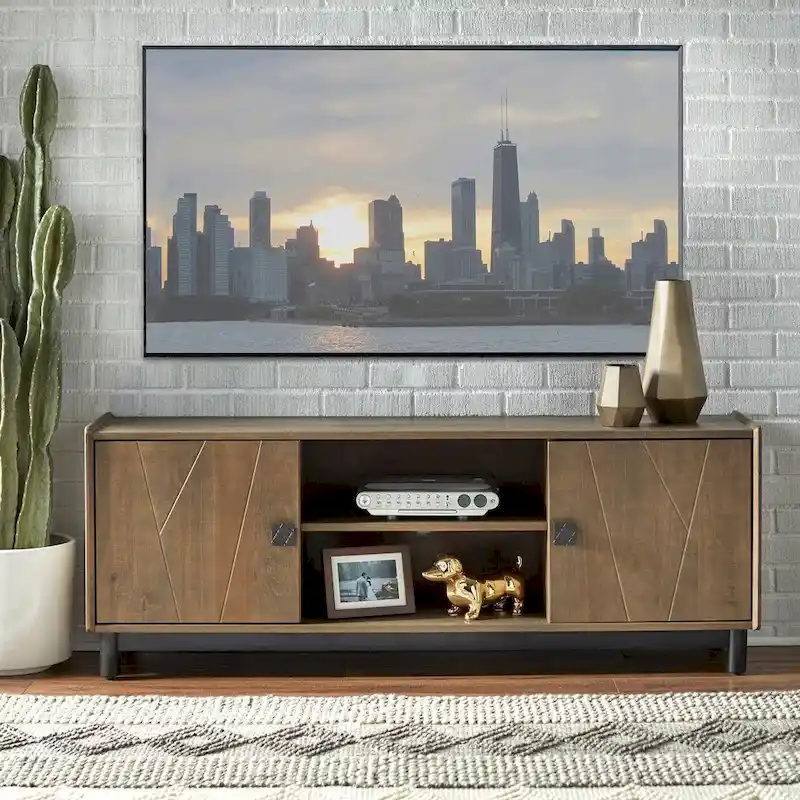 59-Inch TV Stand with Side Cabinets and Open Shelves