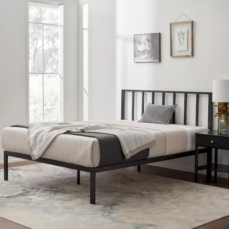 Metal Platform Bed with Vertical Bar Headboard – Black / Gold / White / Grey – Twin / Full / Queen / King – 1 Person