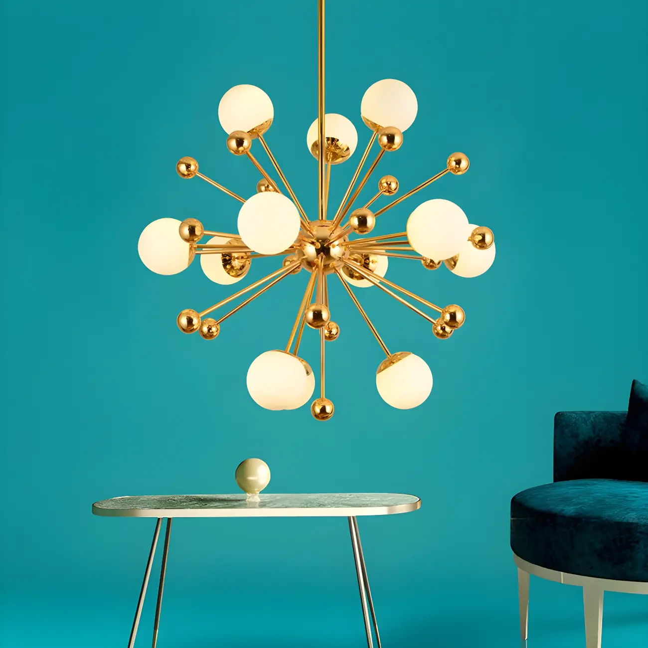Modern 12-Light White Glass Gold Downrods Sputnik Chandelier