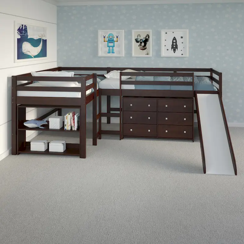 Double Twin L-Shaped Slide Loft Bedroom Set in Dark Cappuccino