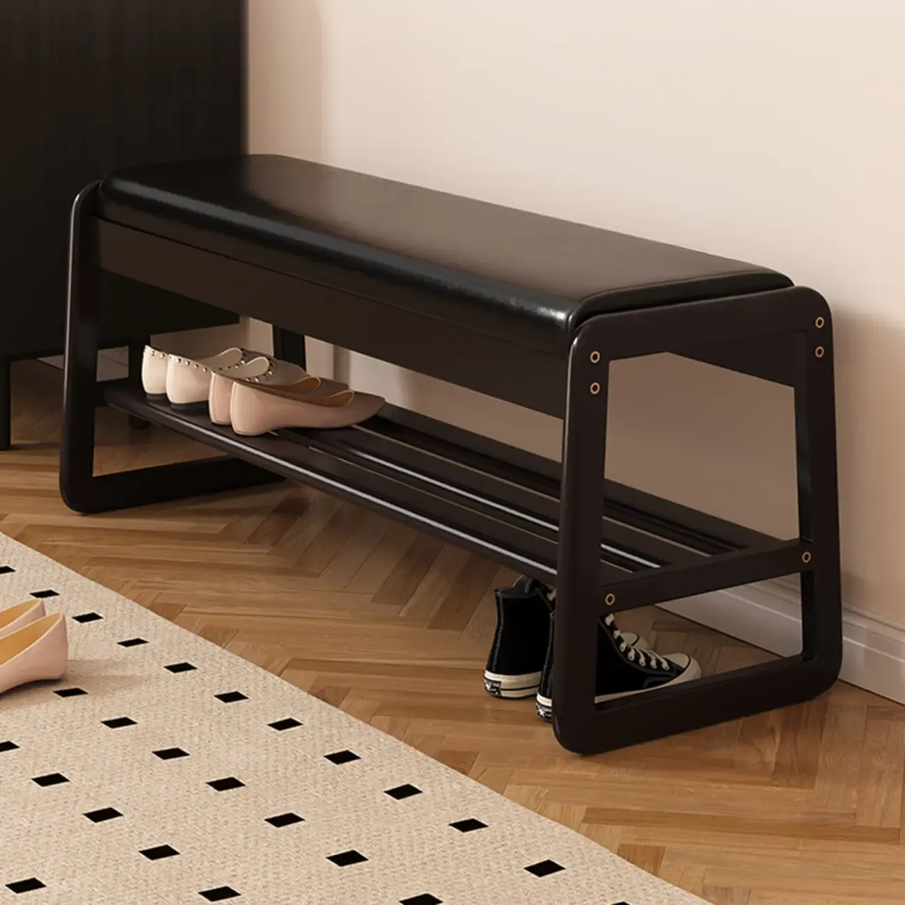 Modern Black Upholstered Shoe Bench with Storage Shelves