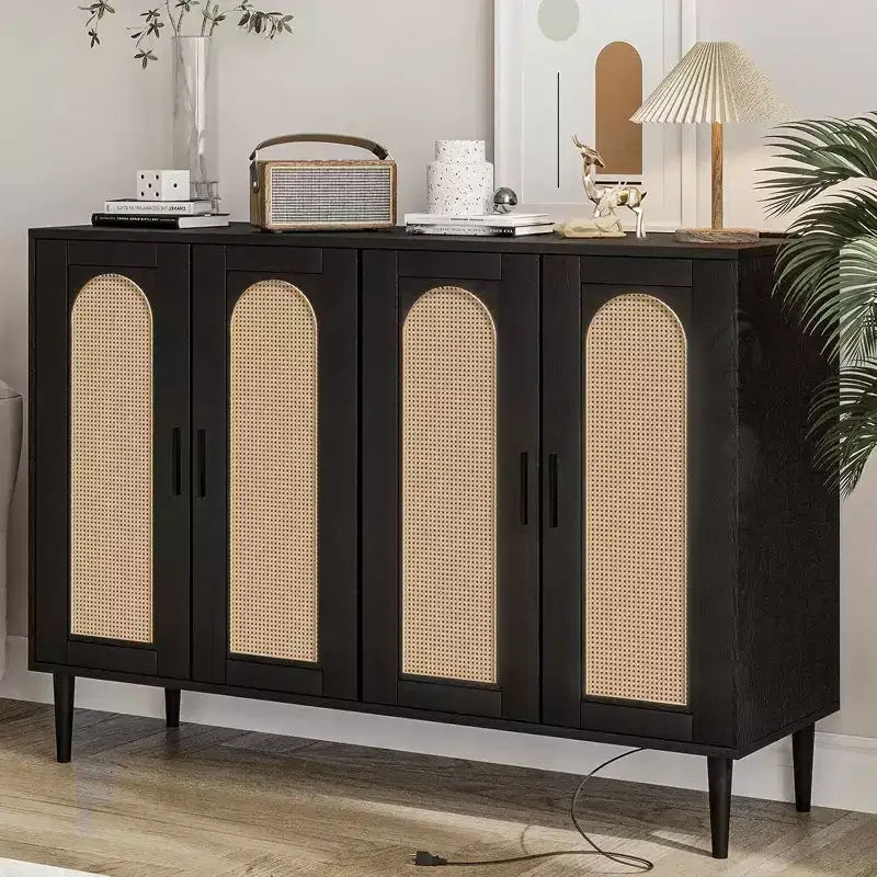 Acekool Rattan Buffet Cabinet with Power Outlet & Adjustable Shelves  Storage Sideboard for Kitchen, Dining Room, Entryway (Black)