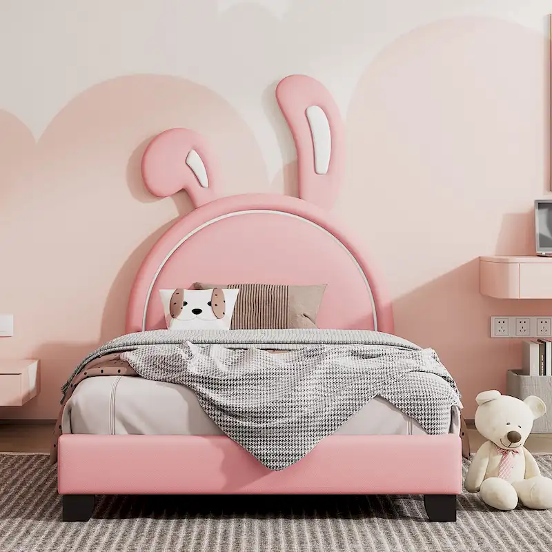 Twin Leather Platform Bed – Grey / White / Pink, for 2