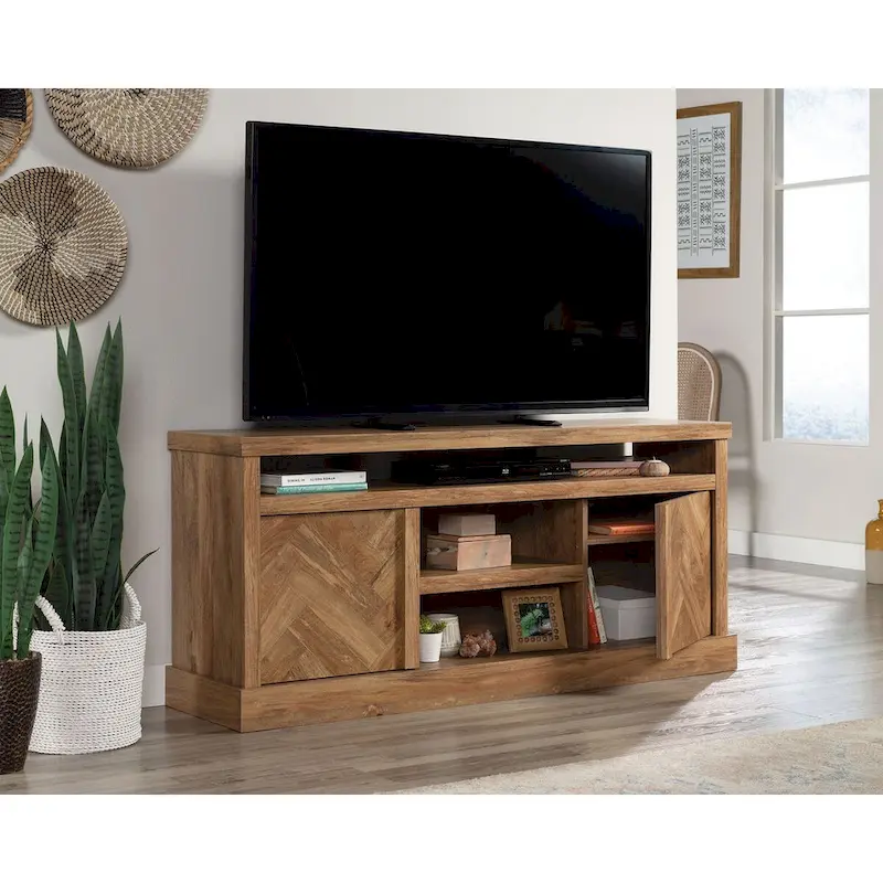 TV Credenza with Herringbone Doors & Adjustable Shelves – Mystic Oak / Sindoori Mango, Modern Style