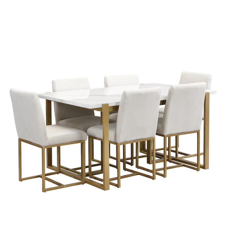 Modern Rectangular Dining Set - Faux Marble Table and 6 Upholstered Chairs